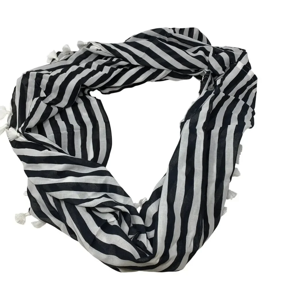 J. Crew Cotton Infinity Scarf One Size Navy Blue White Striped White Tassels